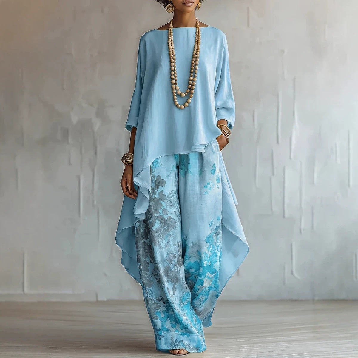 Cotton-Linen Fashion Solid-Color Top And Wide-Leg Pants Two-Piece Set