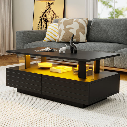 Black LED Coffee Table With Storage Function, Acrylic LED Living Room Table, Bistell Table, Double Layer Rectangular Coffee Table With Bluetooth Mobile Phone App Control, Suitable For Parties, Offices