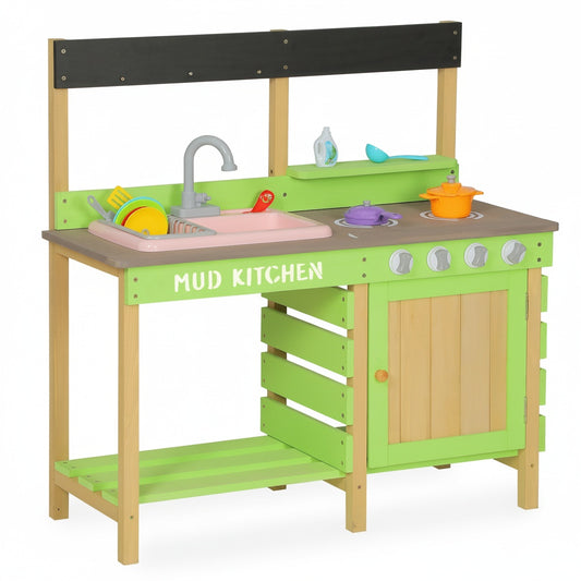 Kids Play Kitchen, Wood Mud Kitchen With Water Play Set & Cooking Toys For Outdoor, Gift For 3-8