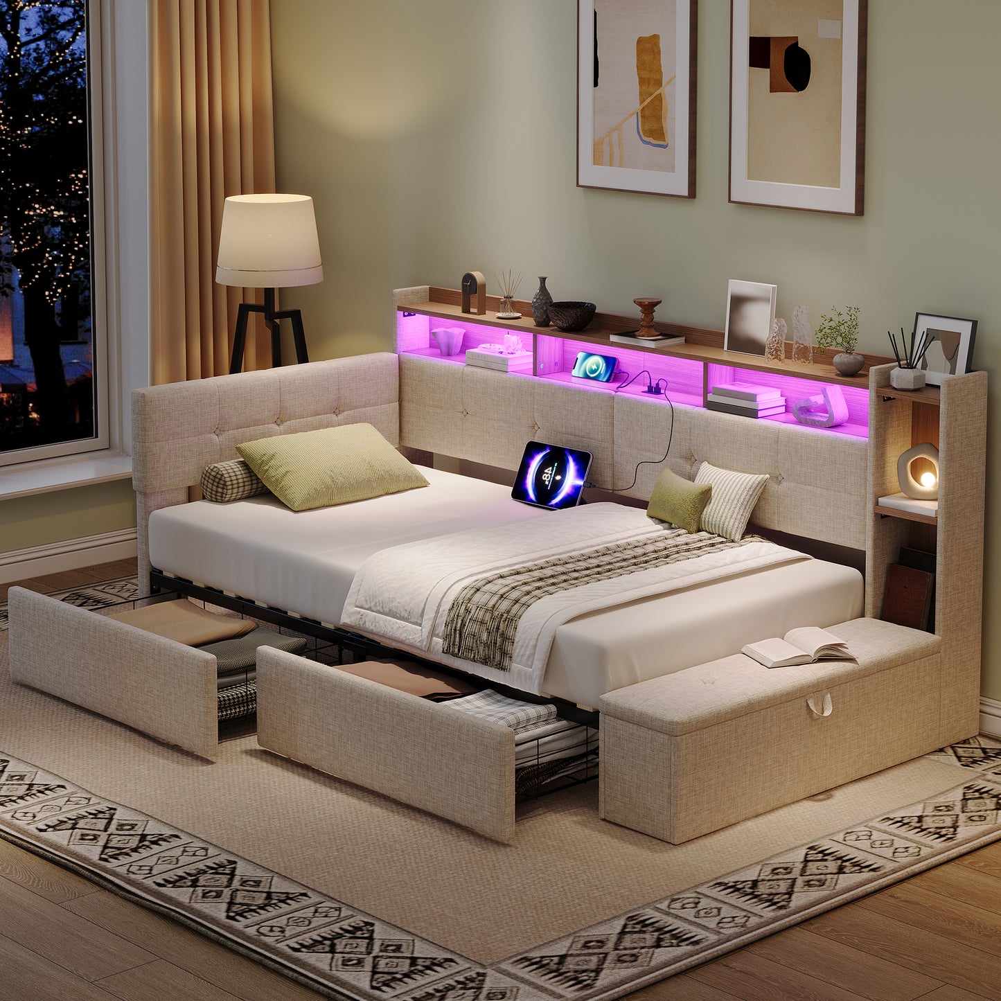 3ft Single LED Daybed With Storage Drawers And Bed End Ottoman Storage, Modern Linen Sofa Bed With Charging Station For Living Room Bedroom Study Room, 90X190cm, Beige  No Mattress