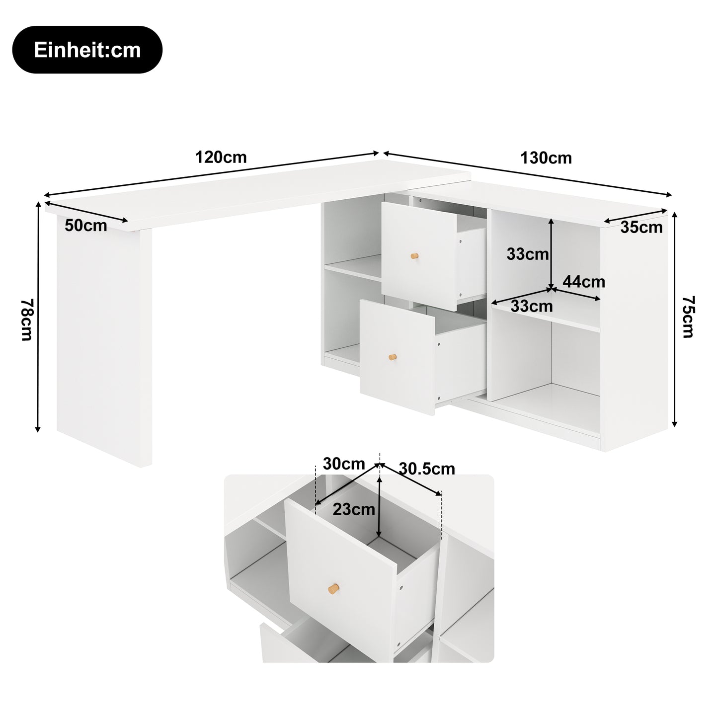 Modern L-shaped Corner Desk 120X50X78 130X35 Cm  Can Be Mounted On Both Sides  Left Right , Reinforced Table Top And Legs, With 2 Drawers And Open Storage Compartments- Corner Desk, Desk