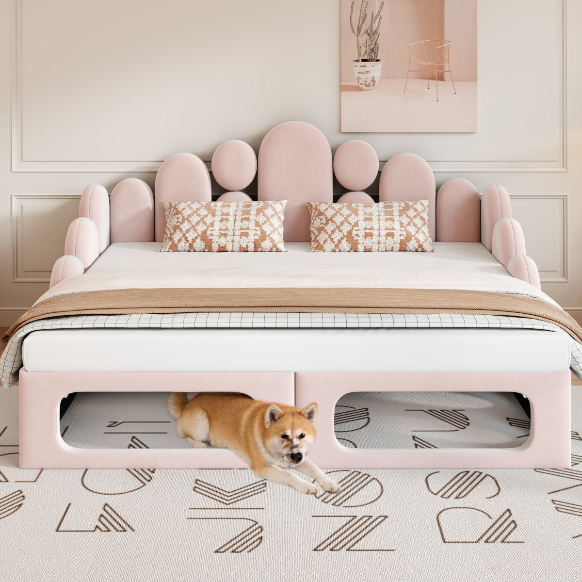 Upholstered Sofa Bed With Pet Bed, 2-in-1 Multifunctional Upholstered Bed 180x200cm, Upholstered Bed With Soft Velvet Fabric, Slatted Base And Backrest, Pink.