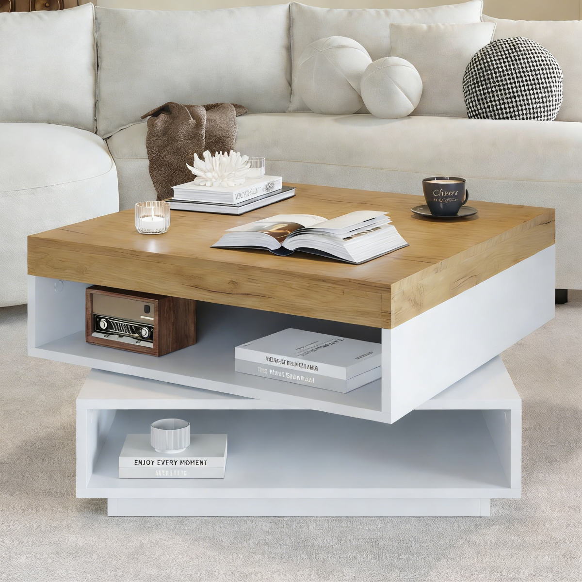 65X65X40cm Coffee Table, Square 360degree  Swivel, Coffee Table With LED Lights And Outdoor Storage Area, Living Room Table, Coffee Table, Side Table, Suitable For Small Room, White - Wood Tone