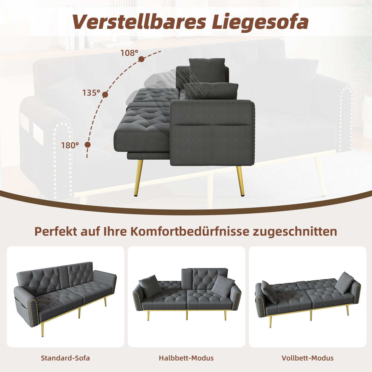 Double Fold Out Sofa Bed With Reclining Function, Three Adjustable Tilt Angles And Cup Holder. Suitable For Living Room, Bedroom, Home Theater Or Guest Room. Fabric Cover. Gray.