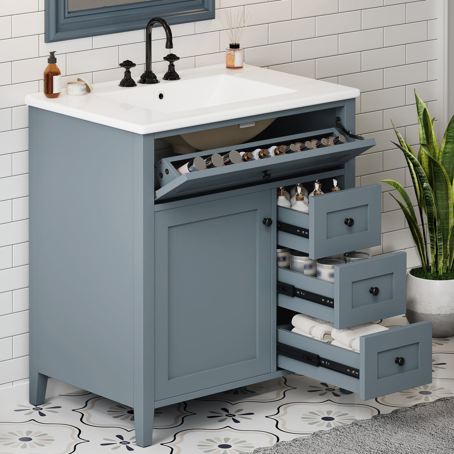 30-Inch Gray Blue Bathroom Vanity With Sink, Modern MDF And Rubberwood Cabinet With 3 Drawers And Adjustable Shelf, Freestanding Vanity For Bathroom Storage And Organization Left Door