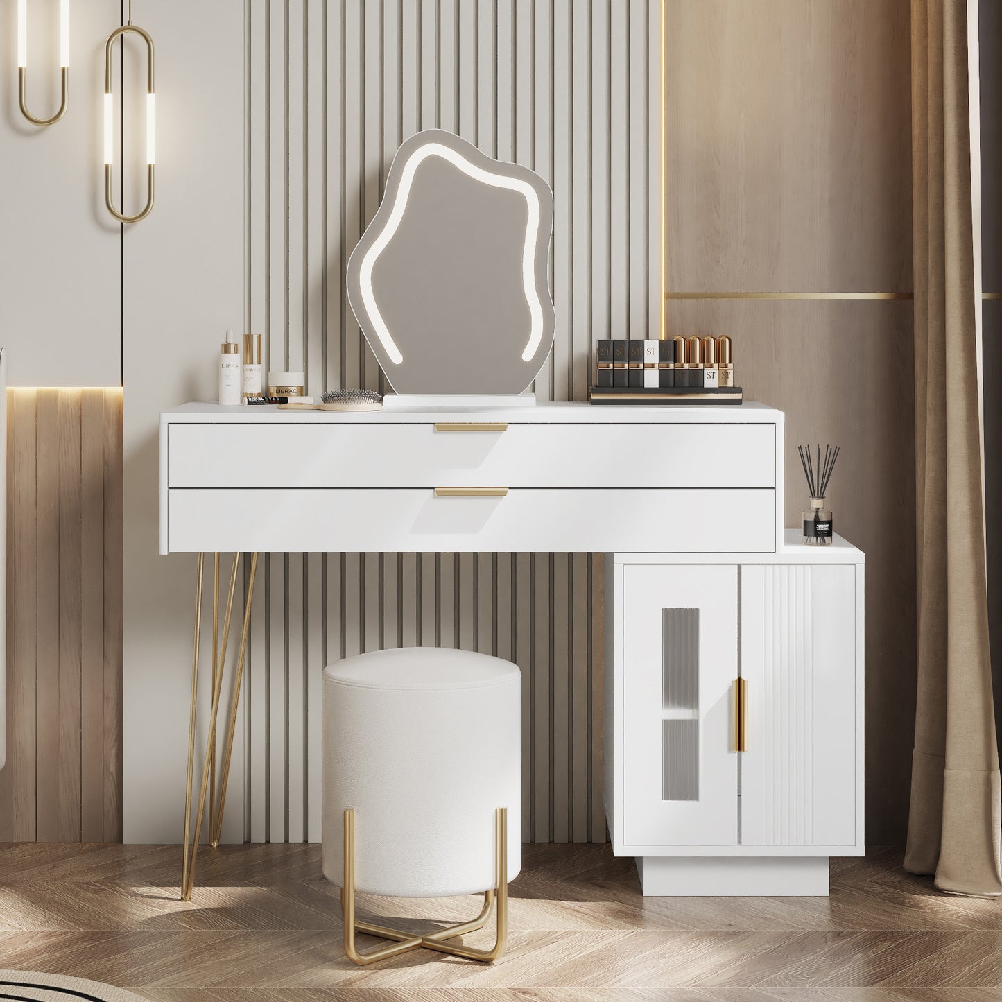 Makeup Table With LED Illuminated Mirror, White Makeup Table Set With Extendable Design, Modern Cosmetics Table For The Bedroom Dimensions B100-H78-T40 Cm Without Stool  Old Sku RN3190845AAW