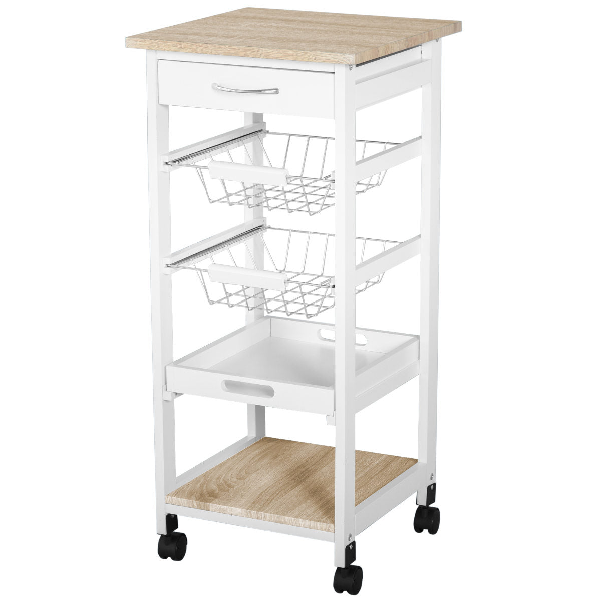 Mobile Rolling Kitchen Island Trolley For Home W Metal Baskets Trays Shelves Wheels Compact Stylish Storage White