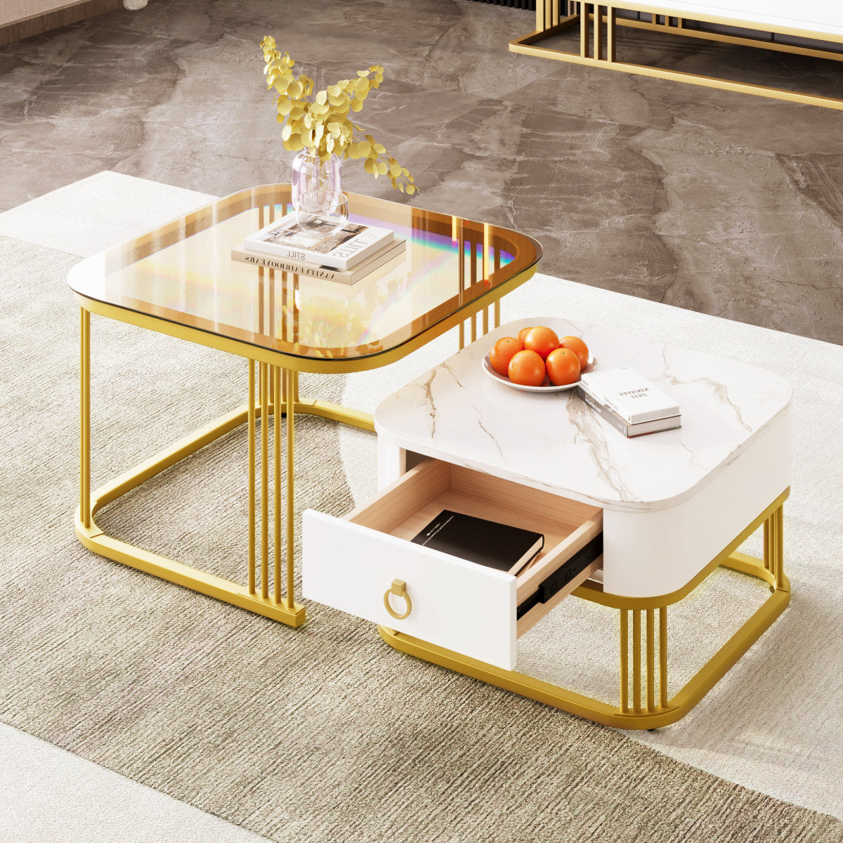 Stackable Coffee Table High-gloss Marble Look And Tea Brown Glass Top, Gold Accents, Side Table With Drawers. Two-piece Set