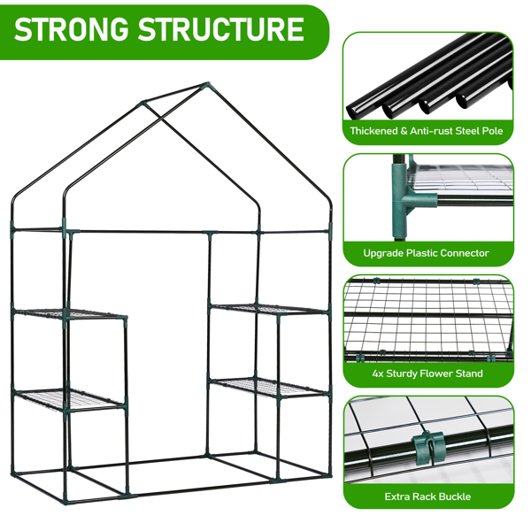 Mini Walk-in Greenhouse With PE Cover, 4-Shelf Indoor Outdoor Plant Gardening Green House For Garden Backyard, 56inch X 29inch X 77inch, Green