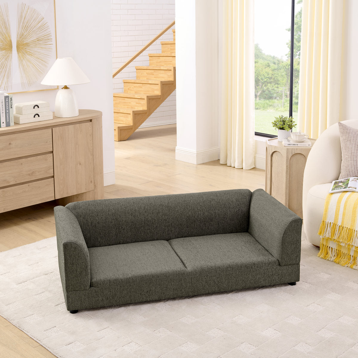 Comfortable Oversized Pet Sofa For Medium Large Dogs - Modern Rectangular Design With Backrest, Armrests & Soft Cushion -Dark Gray 56.x26x17