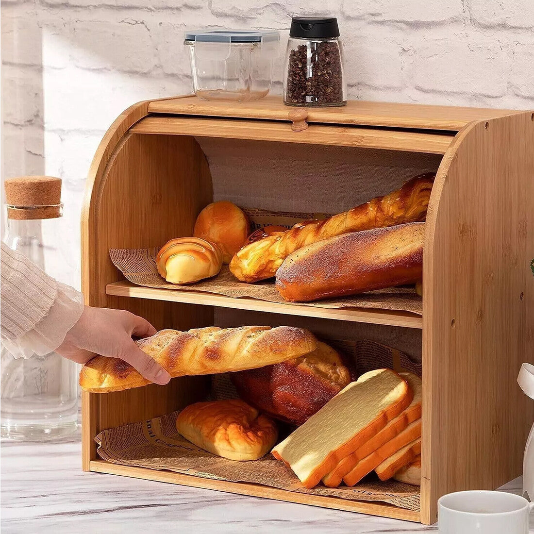 Bread Bin 2 Tiers Double Layer Box Slide Roll Top Food Storage Rack Home Kitchen