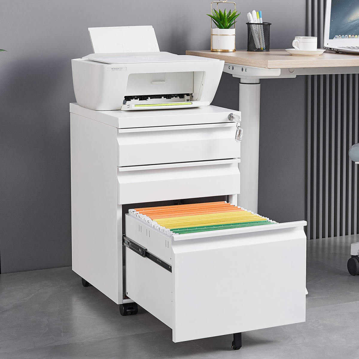 Installation Required 3 Drawer Mobile Filing Cabinet With Lock, Legal Letter Sized Office Storage Filing Cabinet, Metal Filing Cabinet White,suitable For Offices And Study Rooms