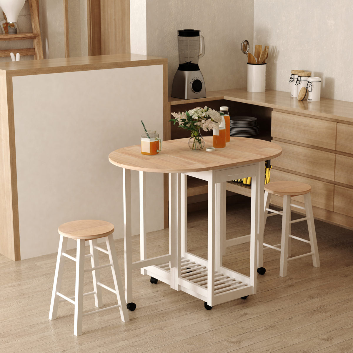 3 Pieces Dining Room Set, Mobile Foldable Dining Table And 2 Stools With Storage Shelf, 2 Drawers And 6 Wheels, Drop Leaf Bar Table And Stools For Home Kitchen Pub, White
