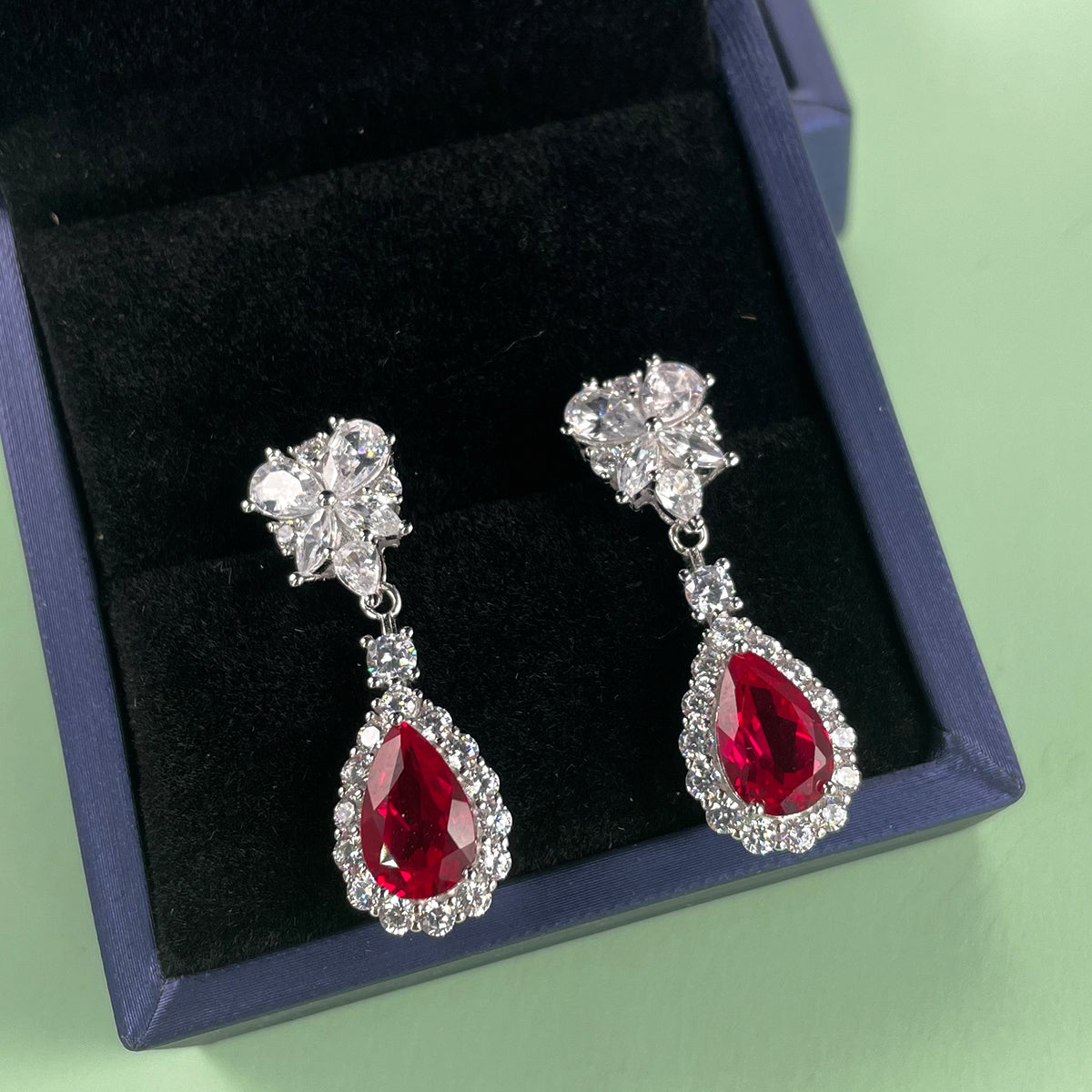 S925 Sterling Silver Teardrop Dangle Earrings, 7x11mm Lab-Grown Ruby Sapphire Emerald, Platinum Plated 4.5g Women's Jewelry Gift Box