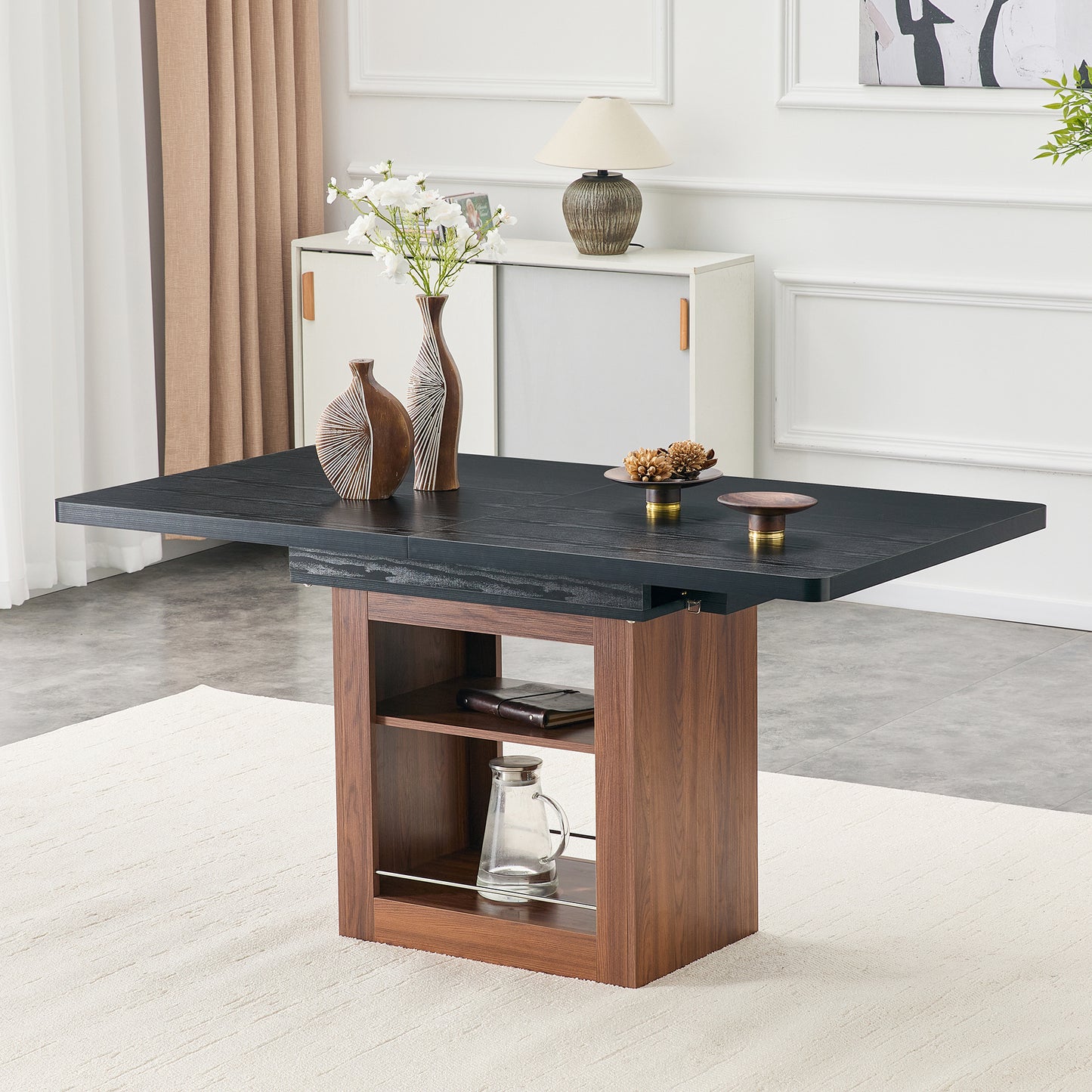 An Expandable Dining Table With Storage Space And A 59 Inch To 71 Inch Expandable Kitchen Dining Table. Black Rectangular Pull Table With Sturdy MDF Frame In Walnut Color,  Accommodating 4-8 People.