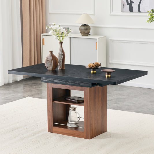 An Expandable Dining Table With Storage Space And A 59 Inch To 71 Inch Expandable Kitchen Dining Table. Black Rectangular Pull Table With Sturdy MDF Frame In Walnut Color,  Accommodating 4-8 People.