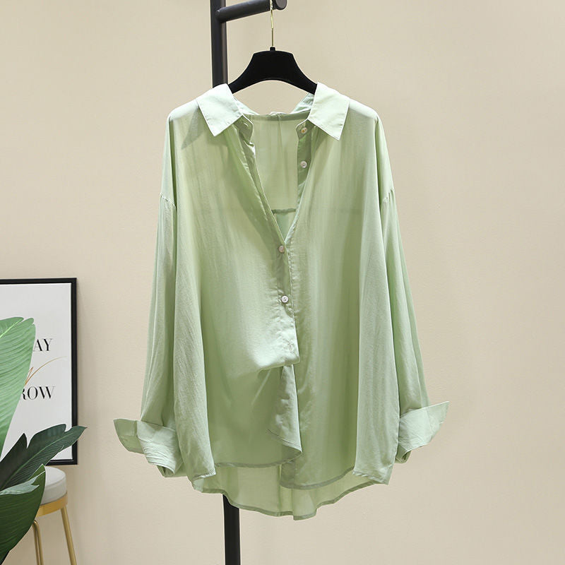 Outerwear Drapey Tencel Cotton Shirt Womens Korean-Style Loose Casual