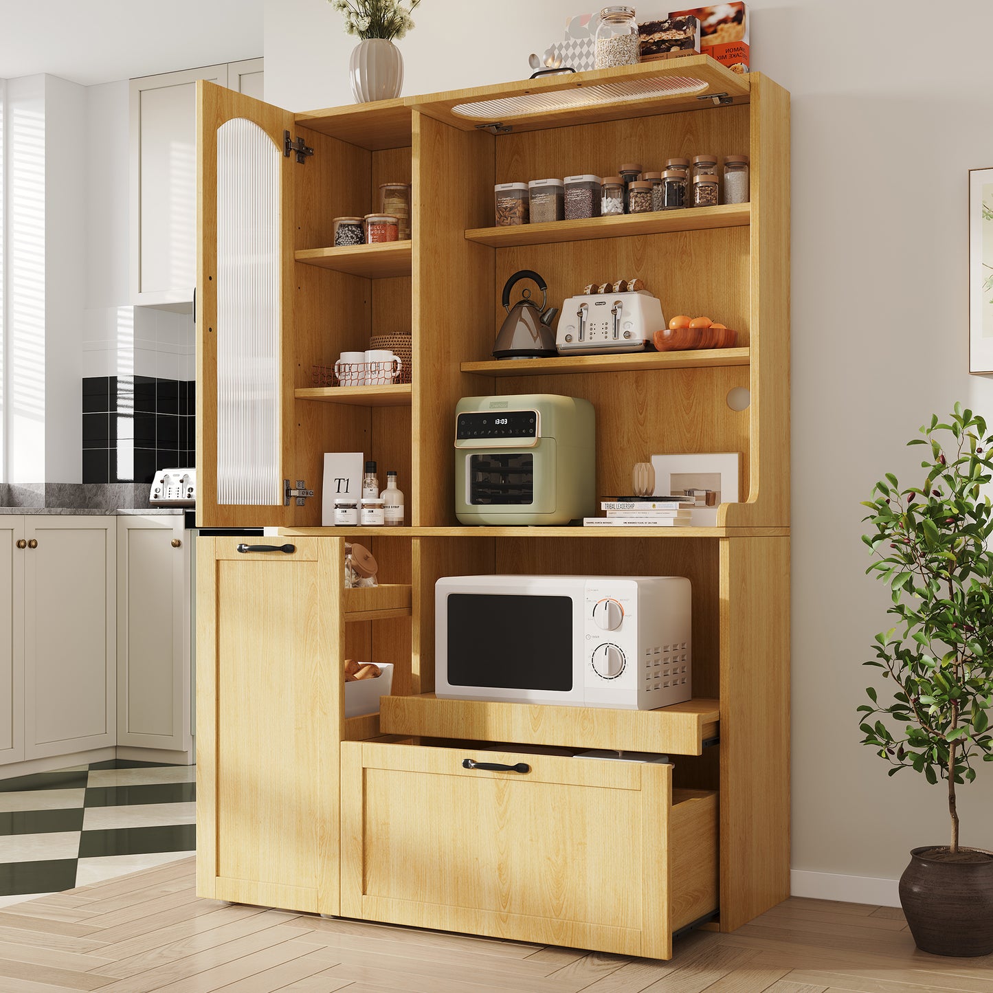 Highboard With Adjustable Shelves And Drawers, Kitchen Cabinet With Pull-out Shelves And Checker Glass, Ideal For Dining Room, Living Room And Kitchen  Natural