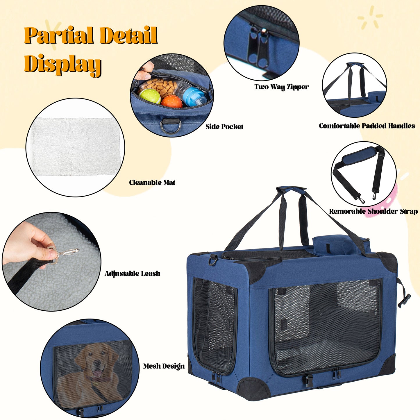 36   Soft Dog Crates Kennel, 3-Door Portable Folding Pet Carrier With Mesh Windows, Straps And Fleece Mat For Dogs, Cats, Rabbits, Meeting The Needs For Indoor, Outdoor, And Travel Use, Dark Blue