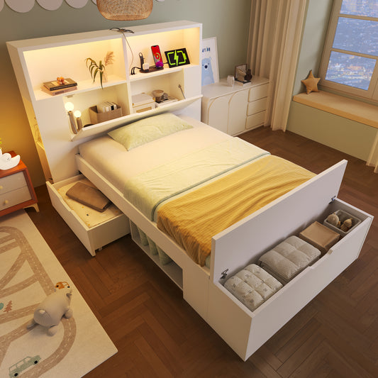 Wooden Bed 90x200 Cm White Single Bed With Storage, LED Lighting, USB Charging Ports, Drawers, Bed Bench, Shelves, Slatted Base, For Children Teenagers Room, Without Mattress