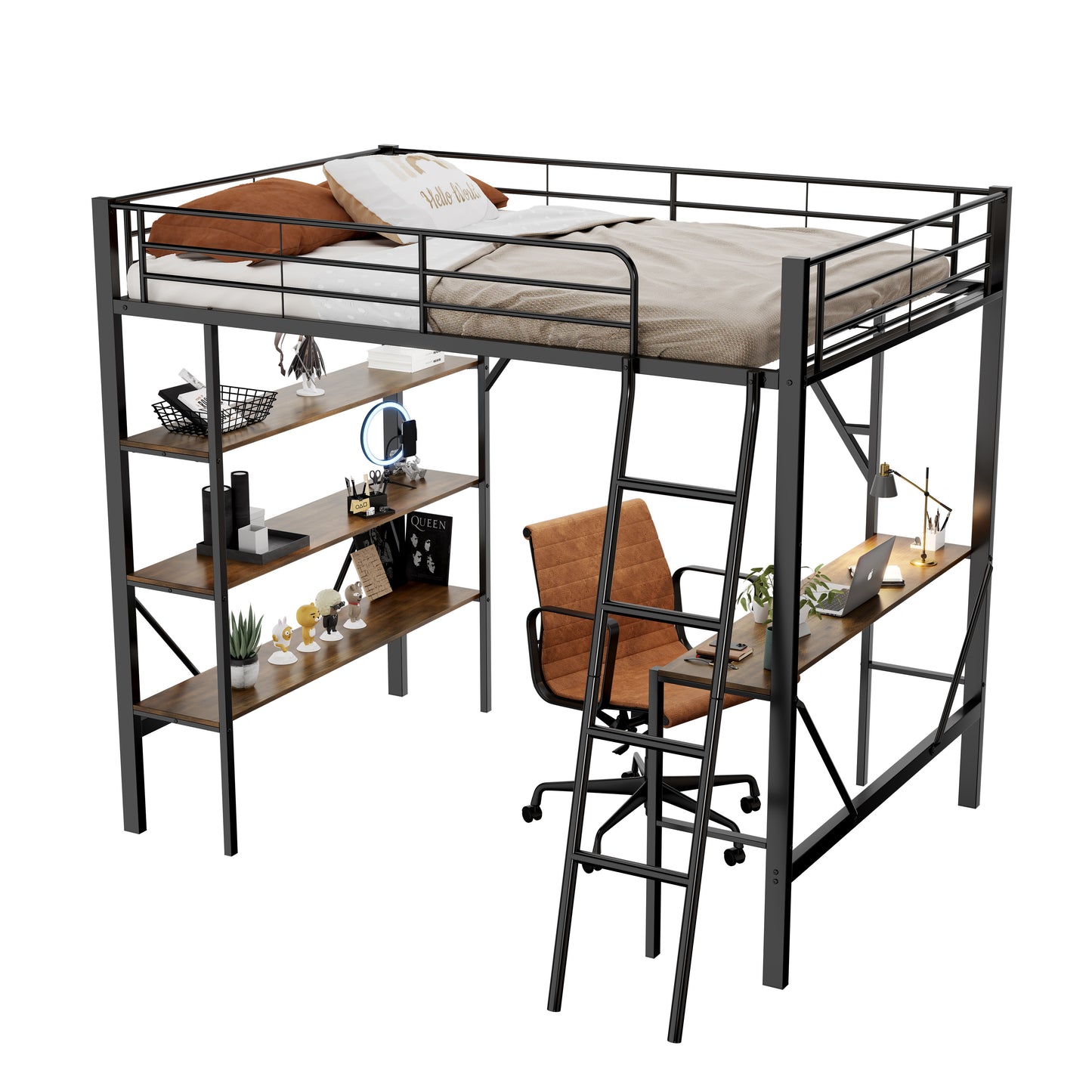 90x200cm Bed Frame Metal Bed, Iron Bed, Loft Bed With Desk And Three Large Shelves For Children, Teenagers And Adults, 90x200 Cm, Black