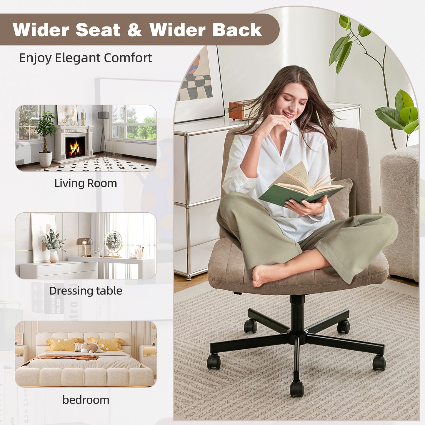 Modern Office Chair Home Office   Height-adjustable Swivel Chair Without Armrests With Quiet Castors & Upholstered Cushions  Elegant Fabric Office Chair For Study & Living Room