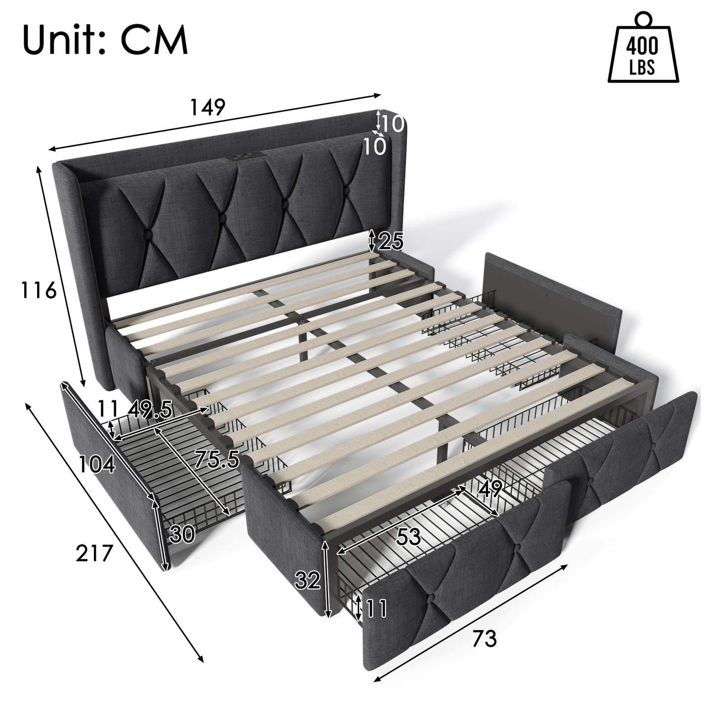 Upholstered Bed With Charging, USB Charging Function, Headboard And 4 Drawers, Double Bed 140x200cm, Storage Beds, Bed Frame, Wooden Slatted Base, Grey  Without Mattress