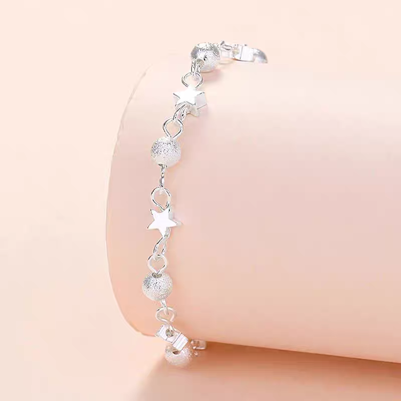 1pc 999 Sterling Silver Star & Frosted Bead Bracelet, Sweet Minimalist Style, Perfect For Daily Wear And Valentine's Gift