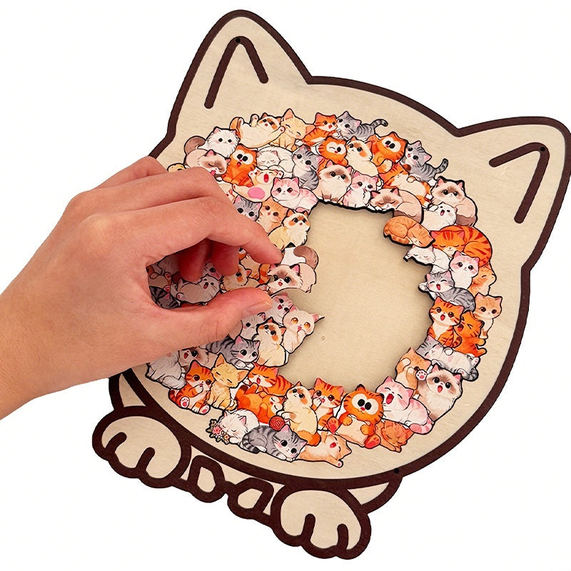 Wooden Puzzle Cute Cat Shape Challenging Irregular Pieces With Frame  3D Cat Design Wooden Jigsaw Puzzles Home Decoration Ornament Birthday Gift For Kids