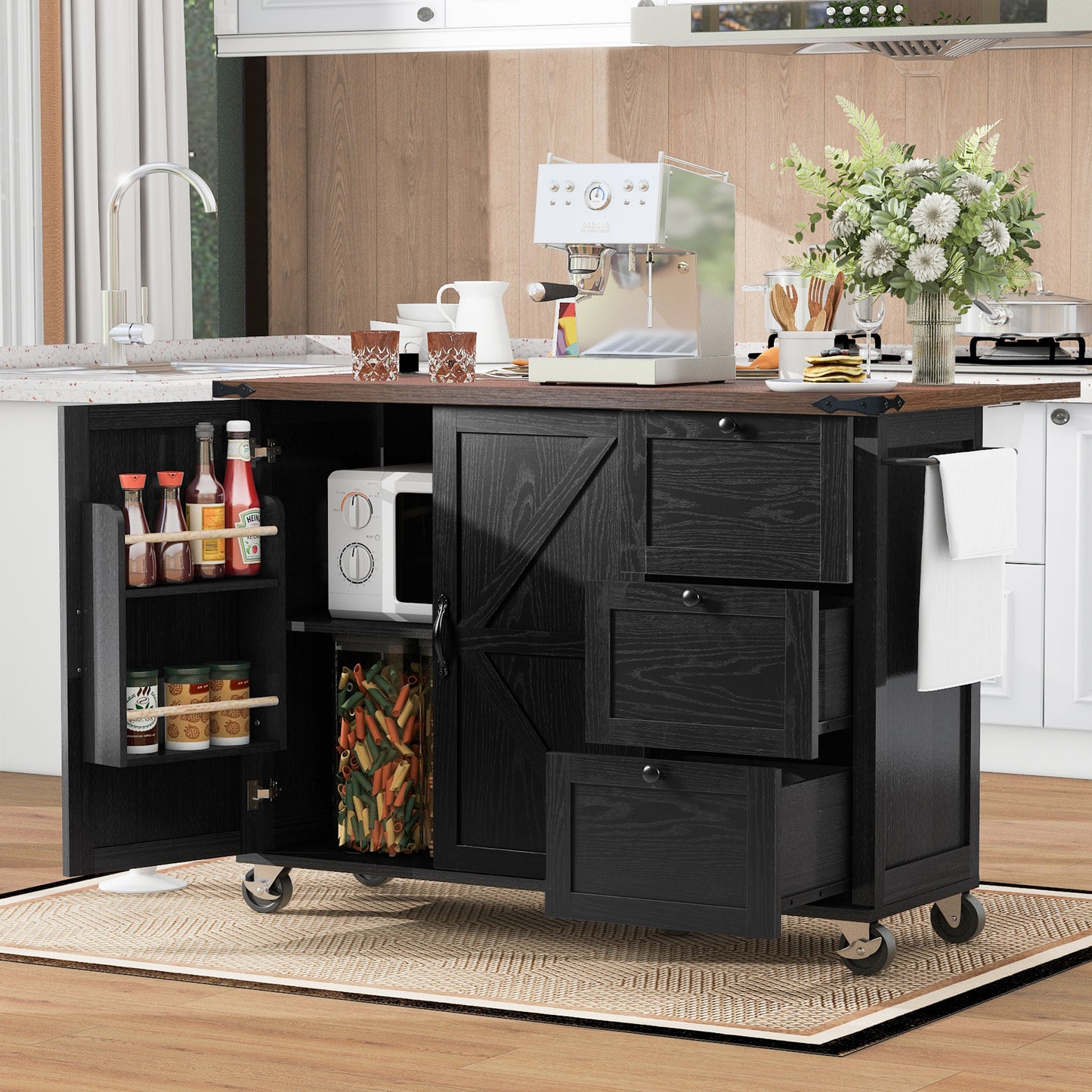 54.5 Farmhouse Kitchen Island With Power Outlet,Kitchen Storage Island With Internal Storage Rack,Drop Leaf,Spice Rack,Rolling Kitchen Cart On Wheels,for Home,Kitchen And Dining Room,Black