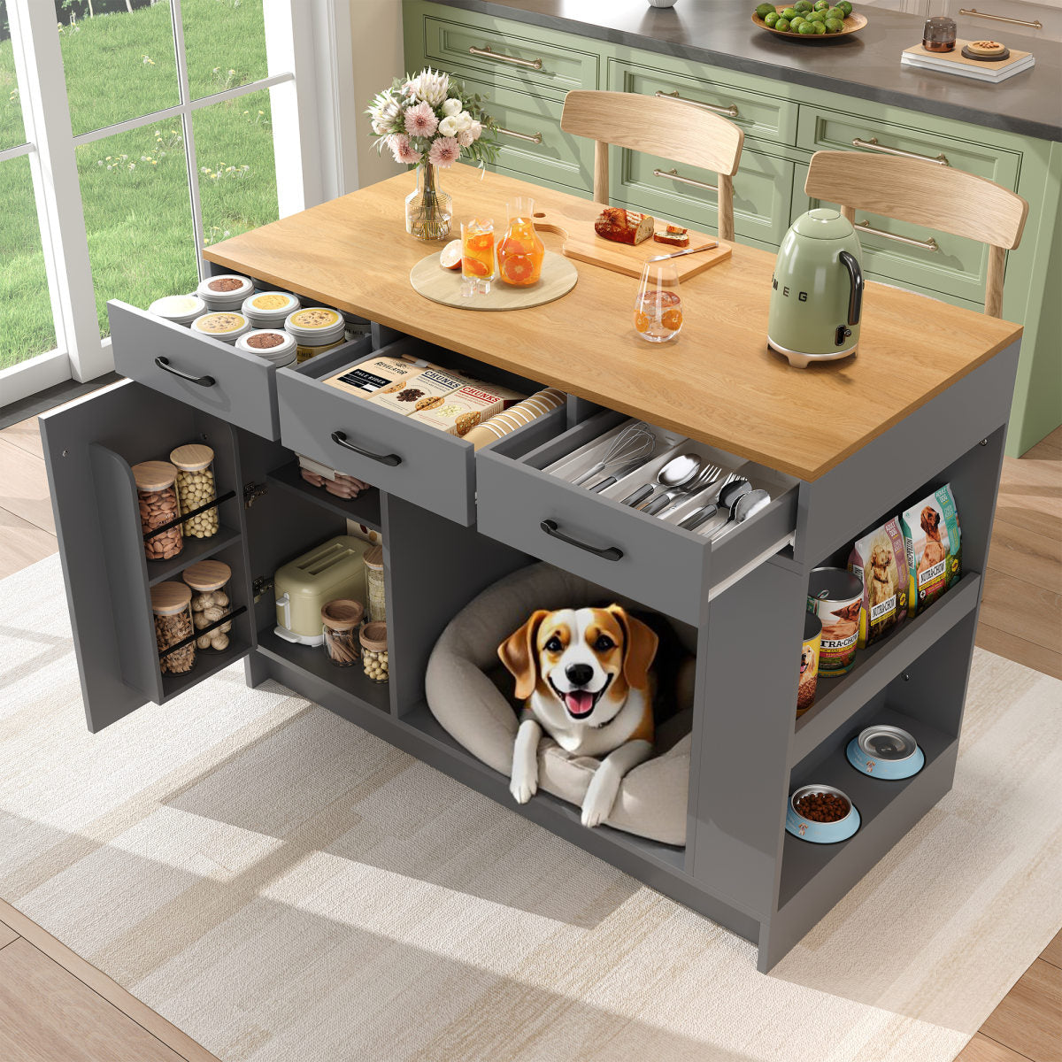 Kitchen Island, Cabinet With 3 Drawers, 1 Spice Shelf, Adjustable Shelf Top, Double Shelf  Without Dog Food Plate , Spacious Pet Storage Area  Without Dog Cushion , 120x60x90 Cm, Grey