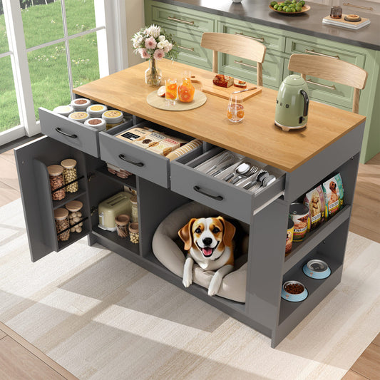 Kitchen Island, Cabinet With 3 Drawers, 1 Spice Shelf, Adjustable Shelf Top, Double Shelf  Without Dog Food Plate , Spacious Pet Storage Area  Without Dog Cushion , 120x60x90 Cm, Grey