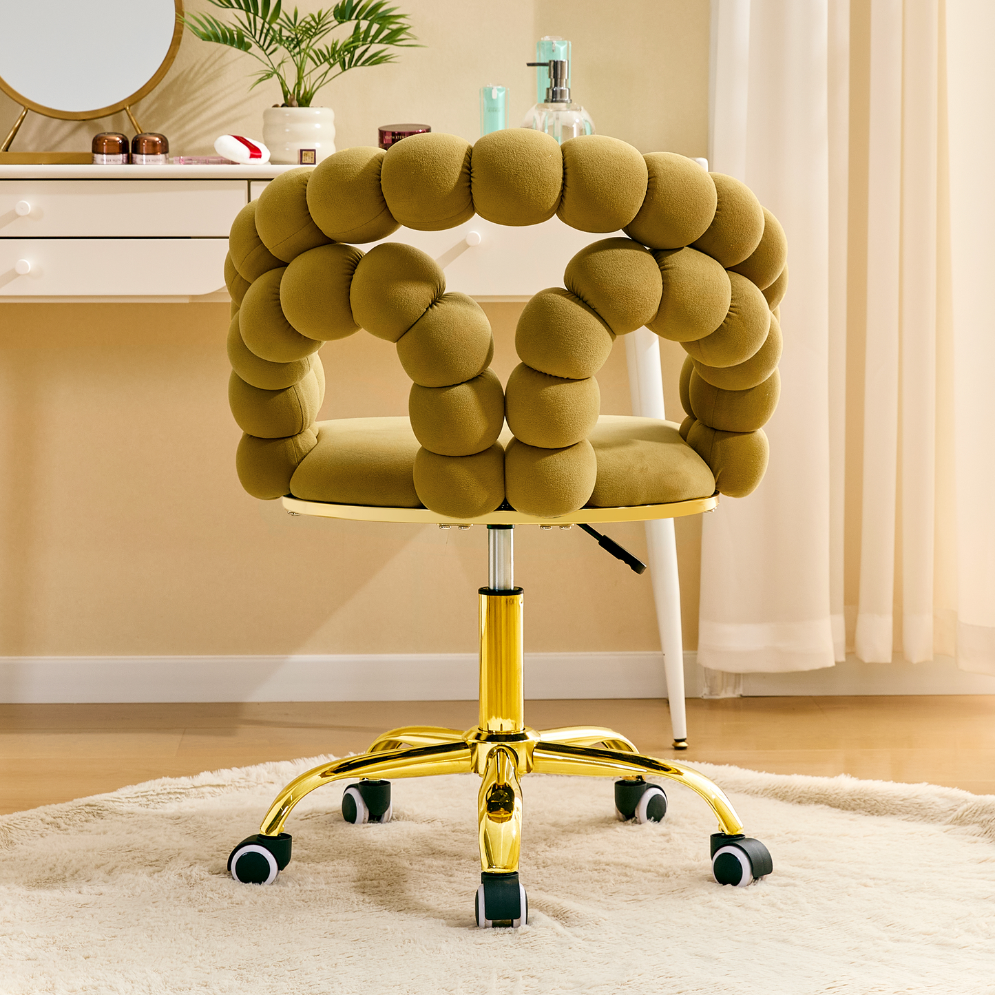 Modern Velvet Adjustable Swivel Desk Chair With Bubble Back, Upholstered Vanity Chair With Gold Metal Base, Rolling Office Chair For Home Office, Bedroom, Makeup Room, Mustard Yellow  Set Of 1