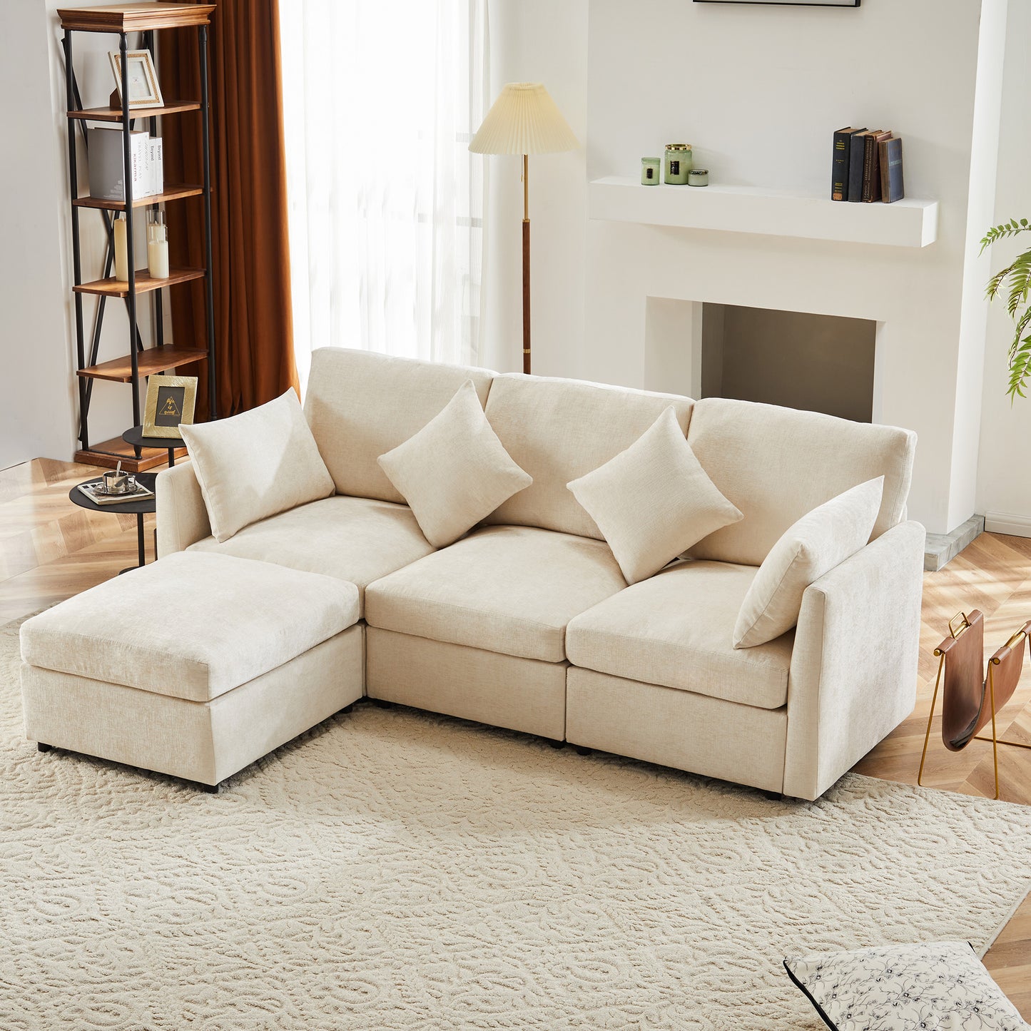 L-shaped Corner Sofa, Convertible To 3-seater, Modular Design, With Movable Footstool And 4 Chenille Cushions, Ideal For Living Room, Apartment And Office, Beige, With Video