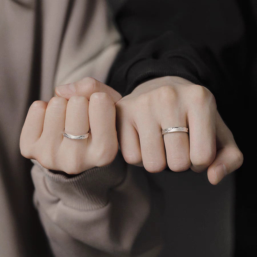 1 Pair 999 Sterling Silver Glacier Hammered Couple Rings, Adjustable Promise Rings, Ideal Valentine's Day Gift For Lovers