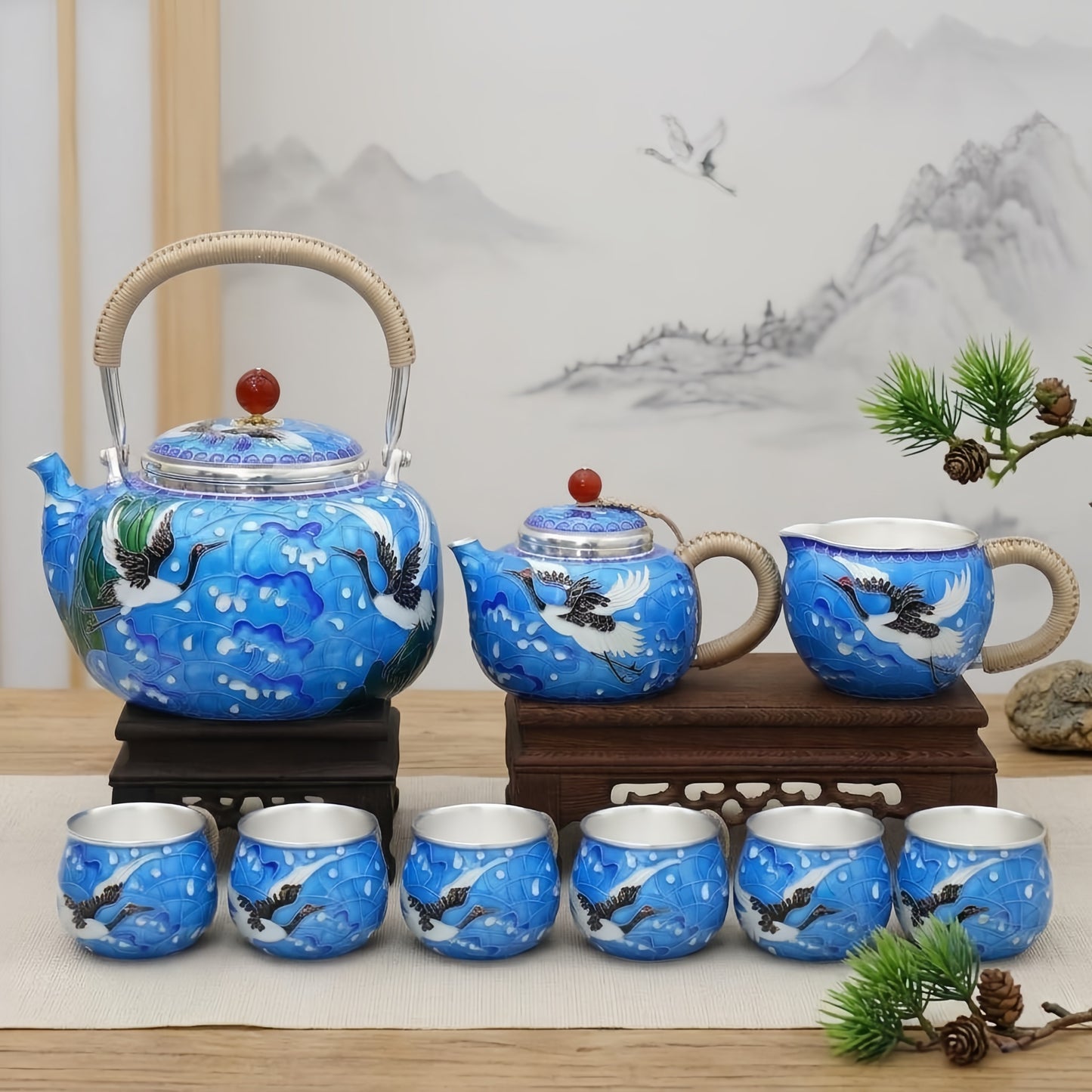 925 Sterling Silver Traditional Chinese Enamel Crane Tea Set with Bamboo Handles - Handicraft