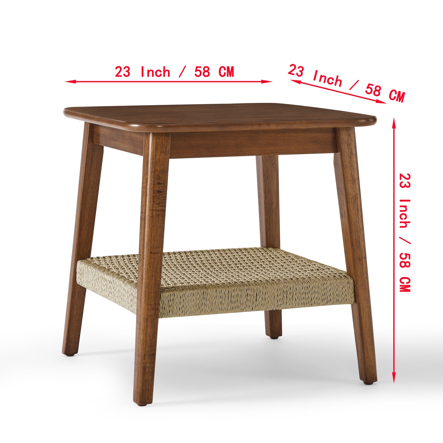 23  Mid-Century Side Table With Woven Shelf, Boho Side Table With Storage, Bedside Tables, Small Side Table For Living Room Couch Bedroom Patio Home Office, Dark Walnut