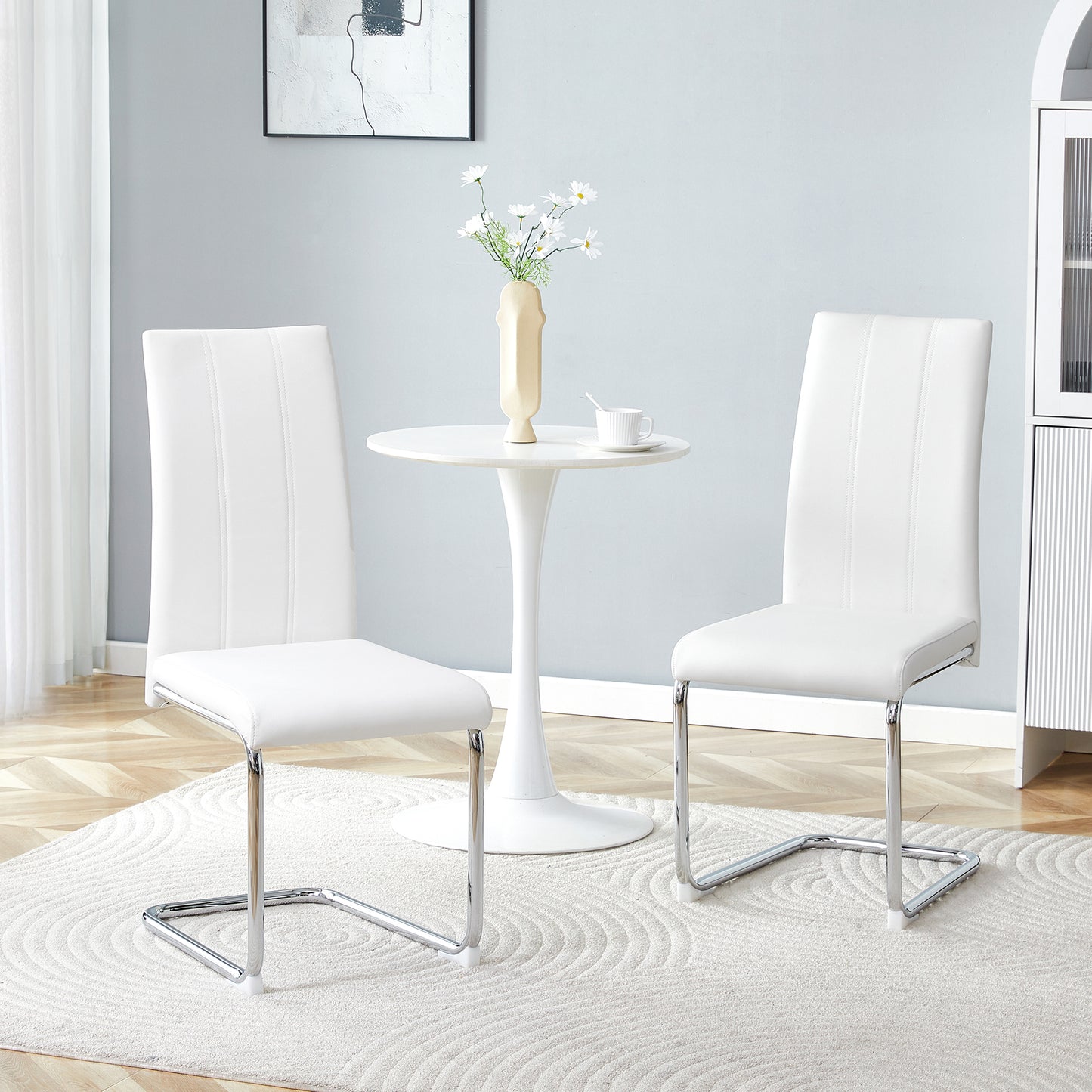 4-Pack White PU Upholstered Dining Chairs - Modern High-Back Side Chairs With Sturdy Chrome-Plated Iron Tube Legs For Dining Room, Kitchen & Living Room