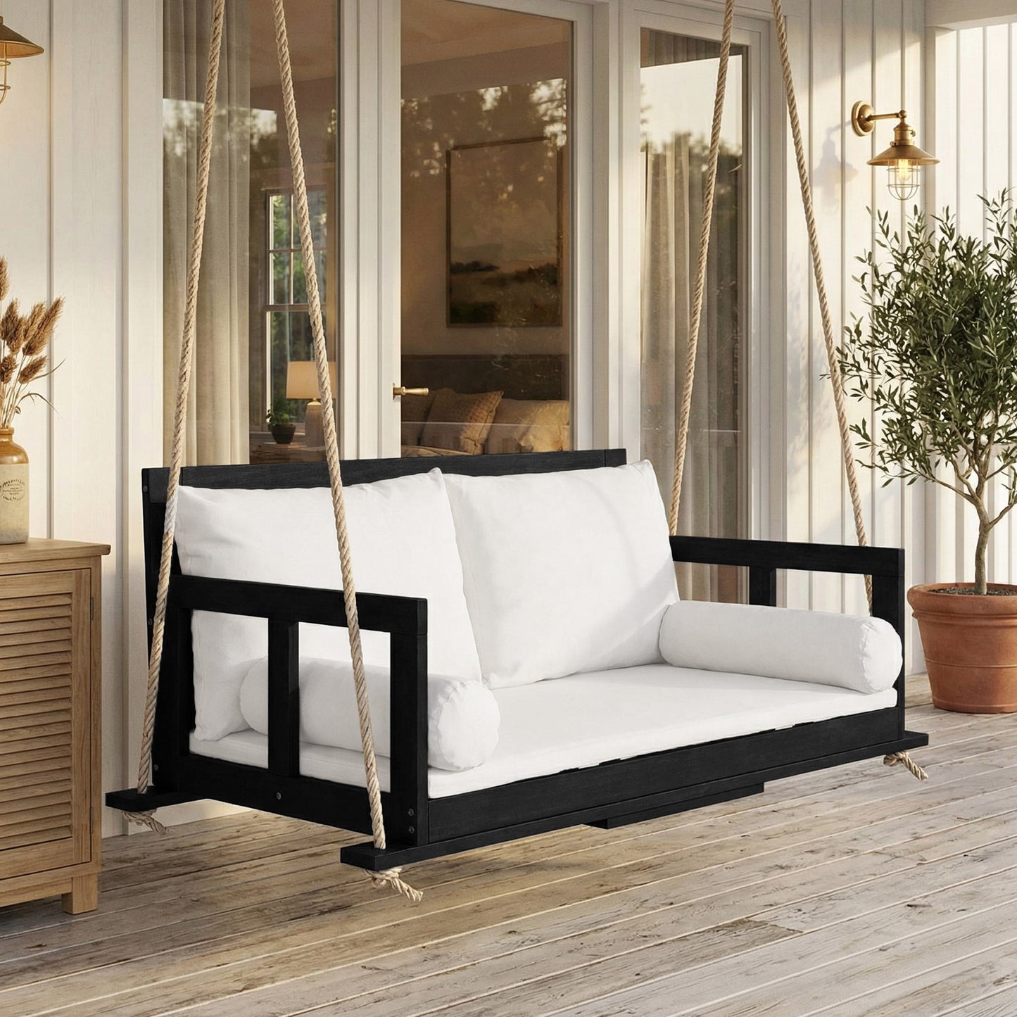 Swing Double Seat, Hanging Swing For The Outdoor Garden, Including Cushions And Two Ropes, Frame Not Included. The Cushion Is Removable And Washable. Made Of Acacia Wood, Black Beige