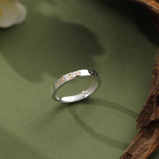 1 Pair 999 Sterling Silver Cat & Dog Couple Rings, Cute Two-Tone Design, Suitable For Daily Wear & Valentine's Gifts
