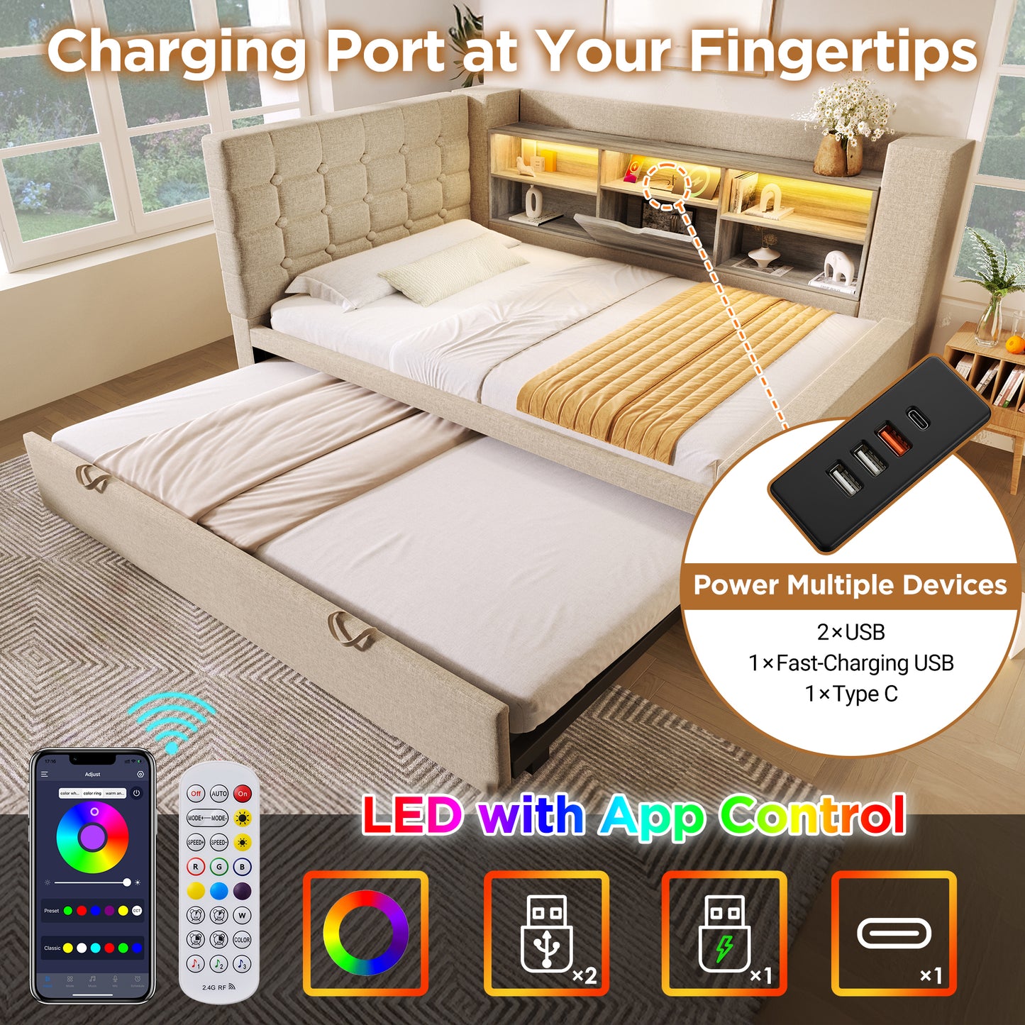 Daybed Upholstered Bed 90 X 190 Cm, 3FT Single Sofa Bed With Storage, USB &Type C Charging Station, Pull Out Trundle For Living Room And Bedroom, Linen, Beige  No Mattress