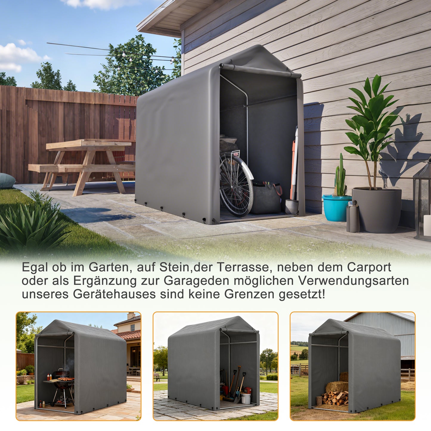 Bicycle Garage 187x100x160 Cm Black Steel Frame Powder-coated Weatherproof Tent With PE Tarpaulin Dark Grey For Bicycle & Garden Tools  Ideal For Balcony, Terrace & Courtyard