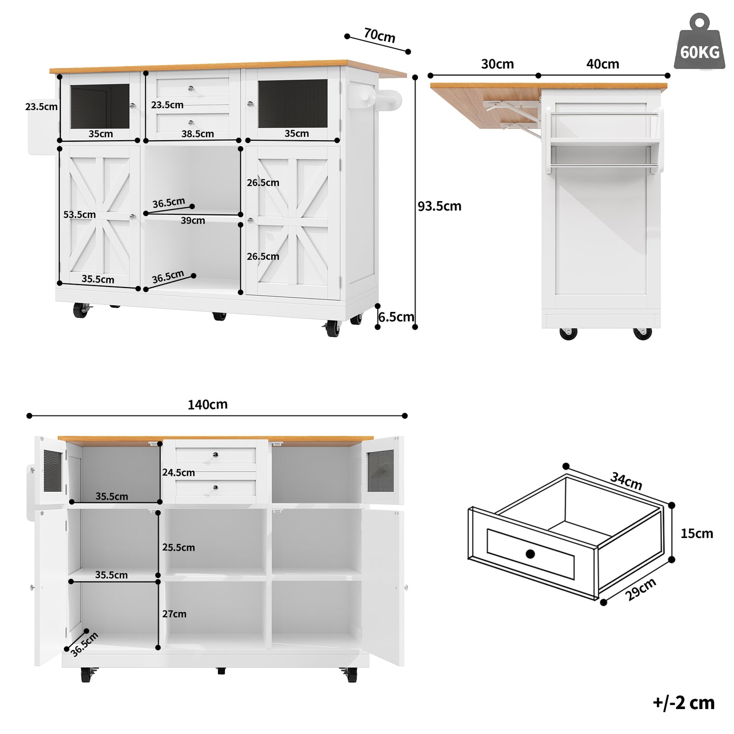 Kitchen Island, Dining Cart With Worktop, Buffet Cabinet, Wood-Grain Dining Cart, Side Towel Rail, Three-Dimensional Cabinet Doors With Casters, Adjustable Dividers, White