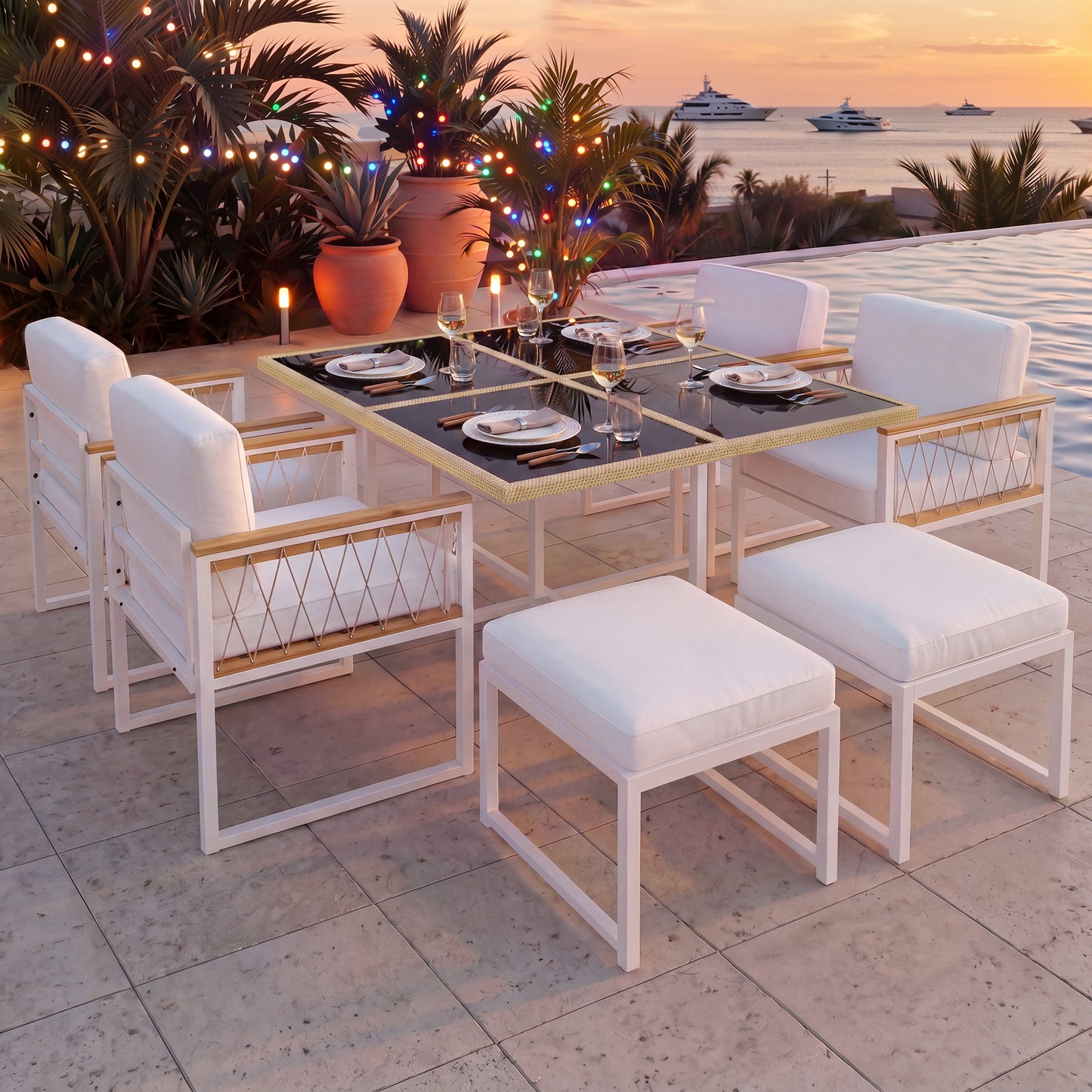 This 7-piece Garden Furniture Set Can Accommodate 6 People. It Features A Tempered Glass Tabletop With Polyester Rope Wrapping And WPC Handrails, Making It Ideal For Outdoor Applications.