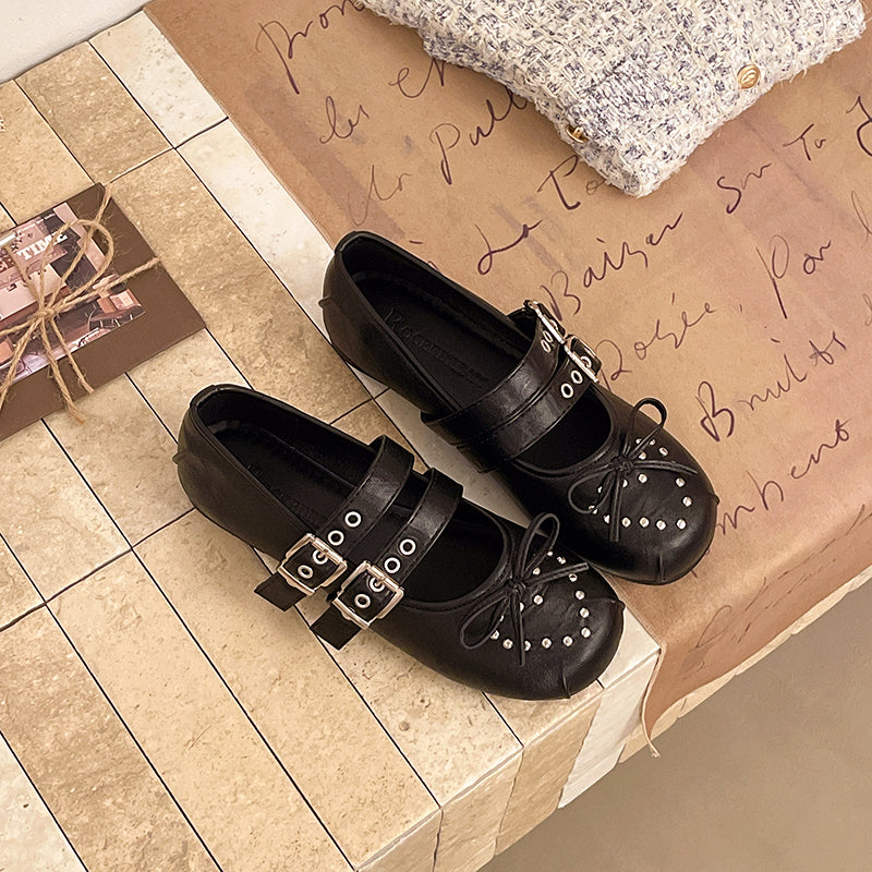 French Retro Rivet Mary Jane Shoes For Women, 2026 New Spring & Autumn Single Strap Ballet Flats, Soft Sole Ladies Dress Shoes