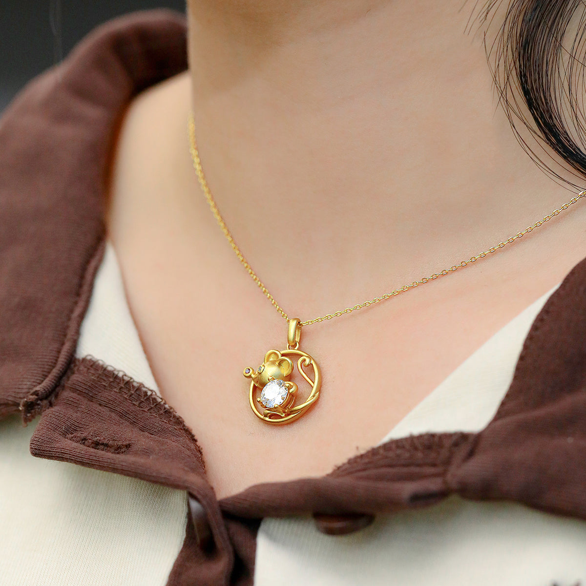 S925 Silver Gold Plated 1ct D Color VVS1 Moissanite Rat Necklace 4.5g Chinese Zodiac Benmingnian Gift GRA Certified Gift Box