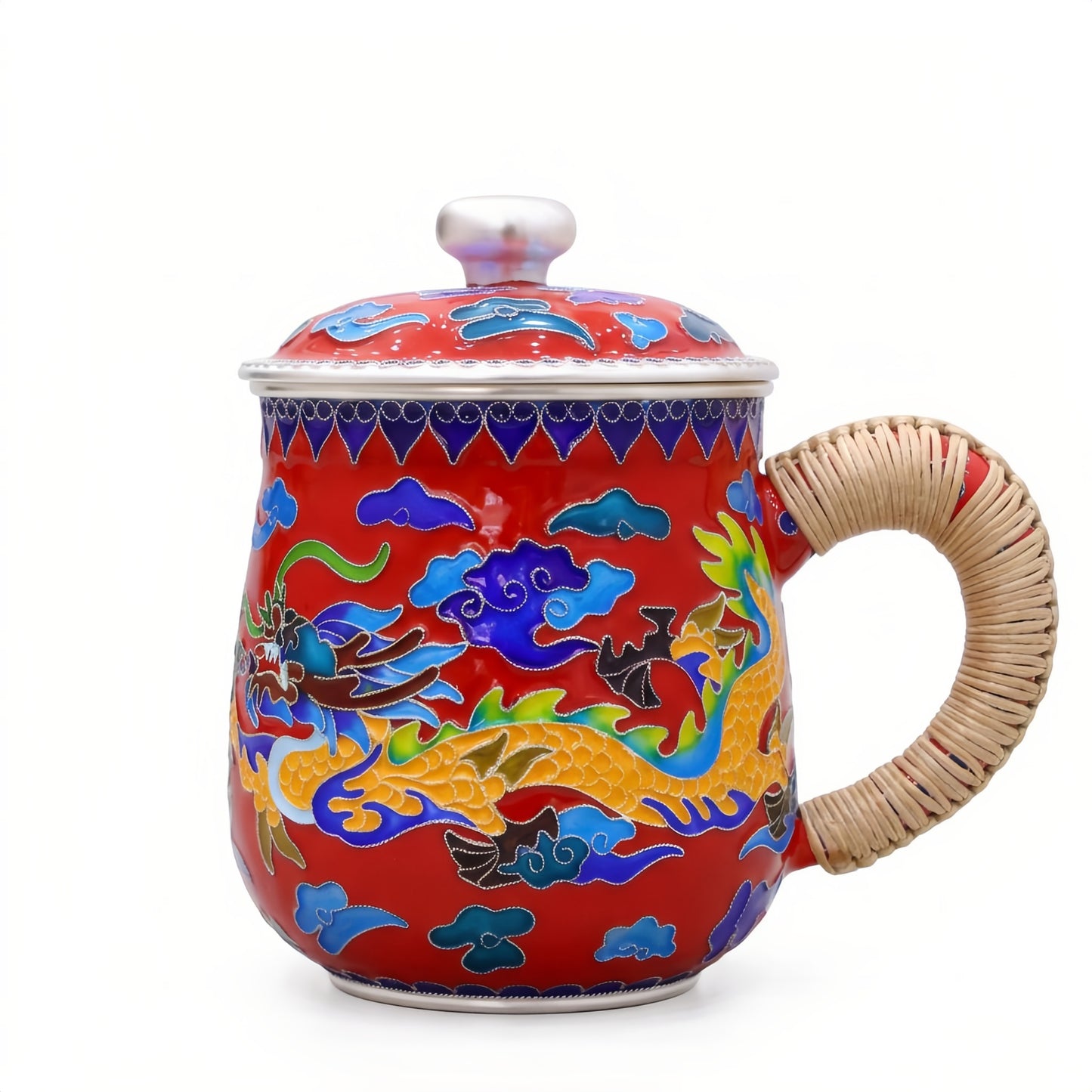 Pure 999 Fine Silver Handcrafted Red Cloisonné Enamel Dragon Tea Mug with Woven Handle and Matching Lid - Handicraft