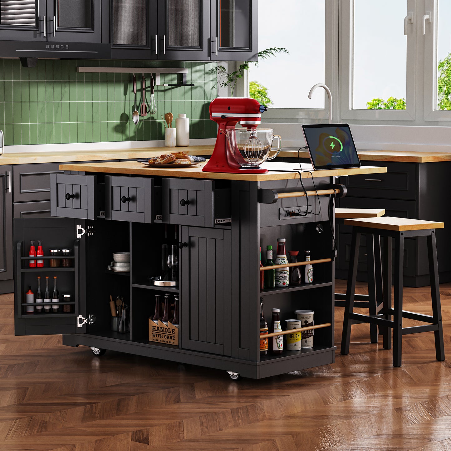 K&K 53inch Large Kitchen Island With 2 Bar Stools, Power Outlet,Door Internal Storage Rack, Kitchen Storage Cart On 5 Wheels With Drop Leaf, 5 Open Side Racks, 3 Drawers,Black  Three Packages