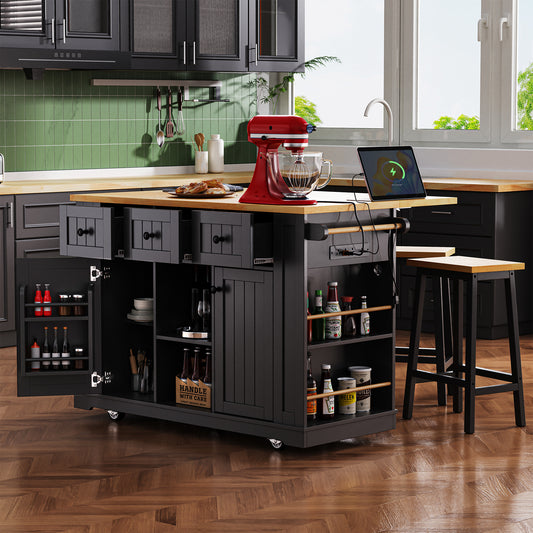 K&K 53inch Large Kitchen Island With 2 Bar Stools, Power Outlet,Door Internal Storage Rack, Kitchen Storage Cart On 5 Wheels With Drop Leaf, 5 Open Side Racks, 3 Drawers,Black  Three Packages