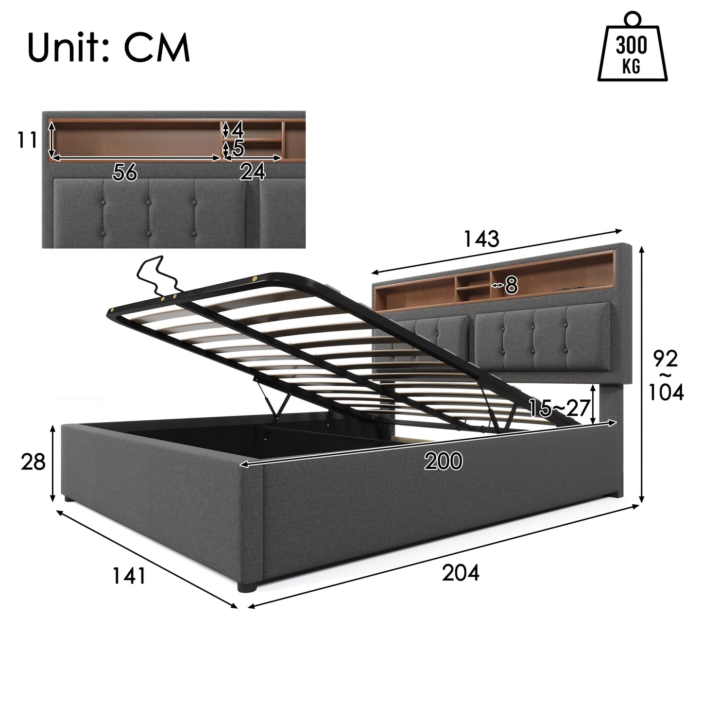 Upholstered Bed Double Bed With USB C Socket Charging Function Headboard, Storage Beds Bed Frame Made Of Linen Material Youth Bed 140x200 With Slatted Base Without Mattress